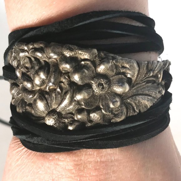 Antique Obsessions Jewelry - Sterling Silver Cuff Bracelet Leather Yoga Wrap Tie Antique Floral 925 Victorian